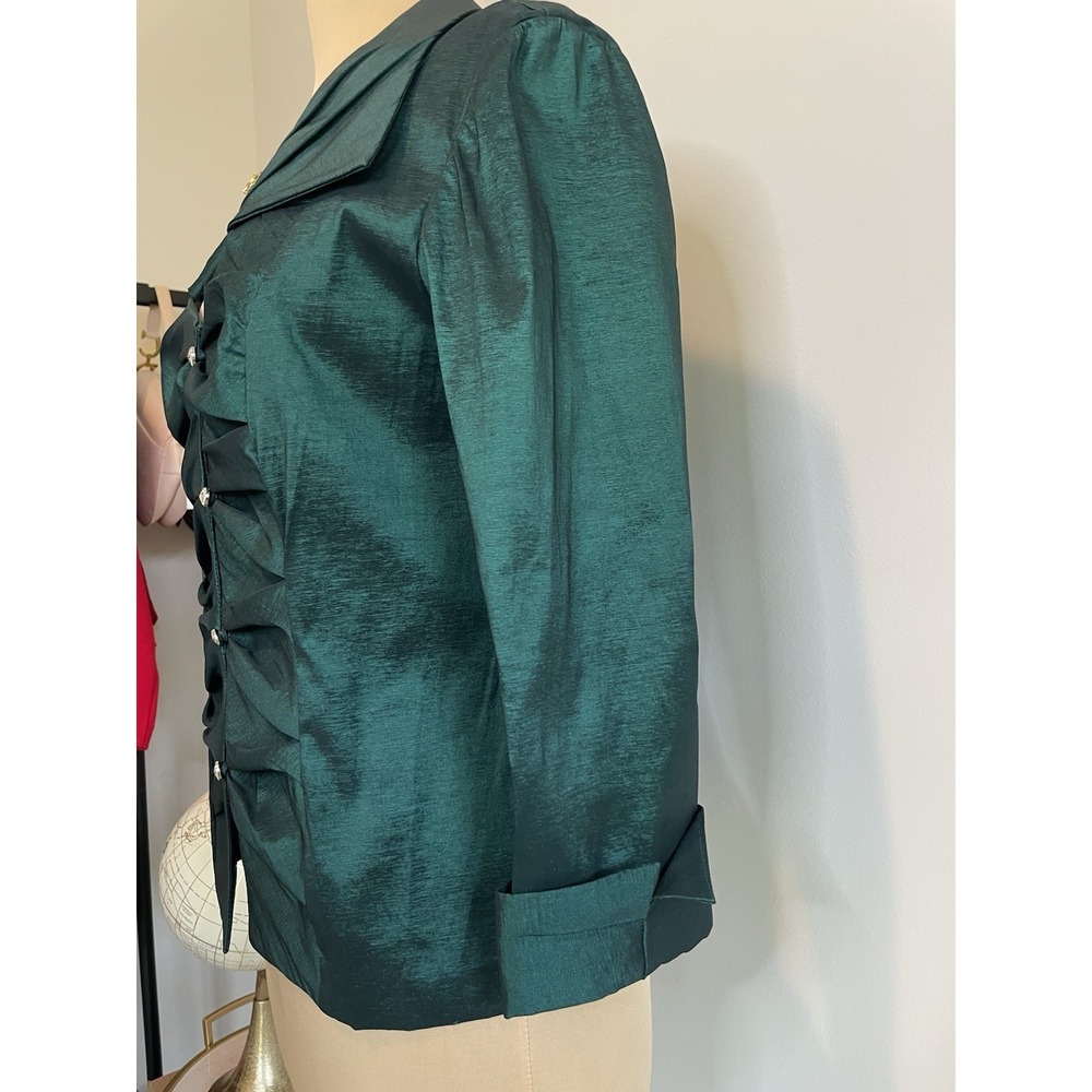 Blu Sage Emerald Green Shimmer Ruched Rhinestone Button Evening Blouse Size 10 - Picture 6 of 6